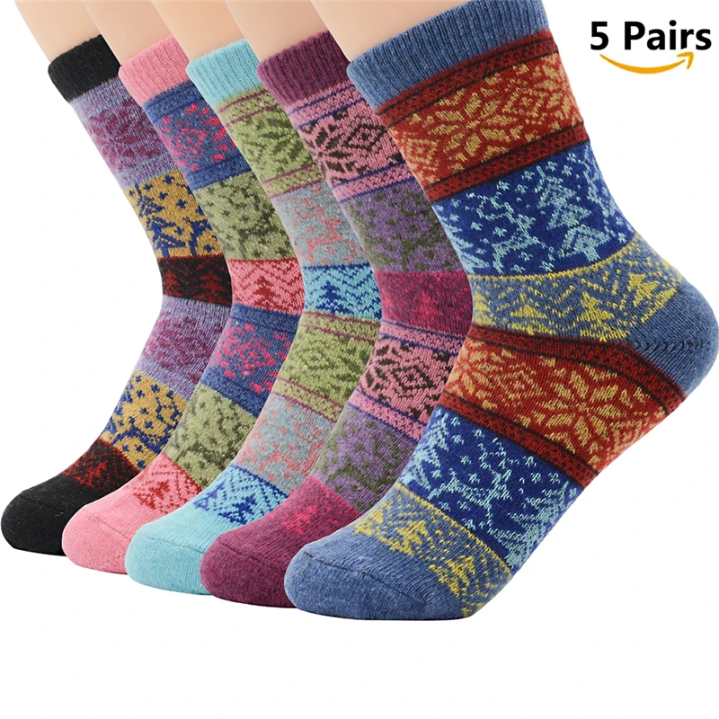 

5 Pairs Thicken Warm Ladies Crazy Sock Female Thermal Warm Deer Knit Cashmere Wool Socks Snowflake Boot Socks for Men/Women