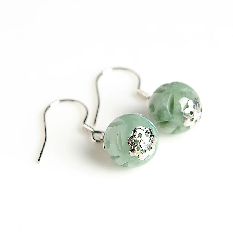 925 silver inlaid natural A goods Tou Le jade Transshipment bead earrings Burmese women hollow Beads Earrings | Украшения и