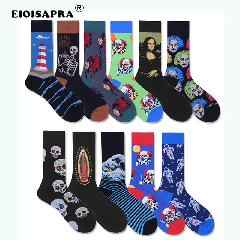 

[EIOISAPRA]Creative Art Socks Men Combed Cotton Harajuku Hip Hop Trend Skeleton Funny Clown Lighthouse Happy Socks Calcetines