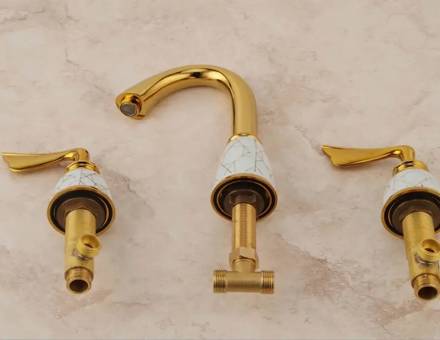 

Free Shipping Brass Gold Deck Mounted Three Holes Waterfall Basin Sink Faucet Dual Handle Long Neck Bathroom Basin Sink Faucet