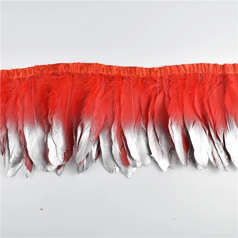 Red Silver 2 м/лот золото окунутое украшение из гусиных перьев окрашенные Настоящее гусиное перо для ремесел лента с бахромой санмы Свадебные Перья украшения - Цвет: Red Silver