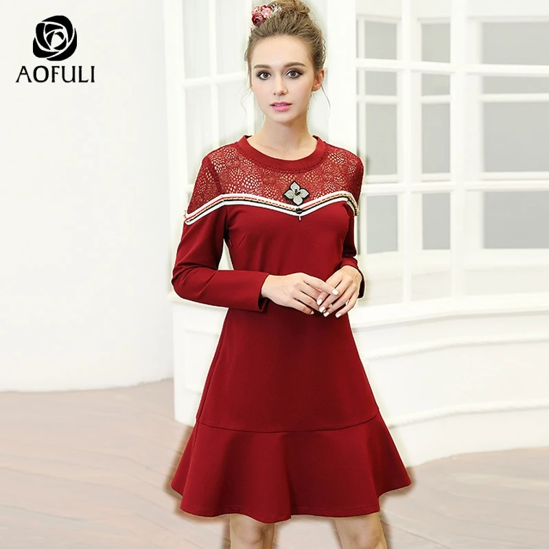 Платье AOFULI M 4XL 5XL женское ажурное на шнурках с рюшами модное Осеннее зимнее