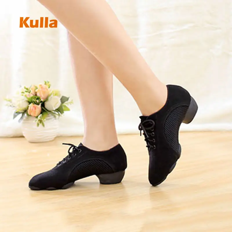 Salsa Dance Shoes Women Latin Ballroom Dancing Shoes Ladies Soft Mesh Breathable Middle Heels Black Red Female Fitness Yoga Shoe