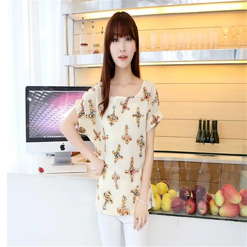 #4522 для женщин блузки малышек короткий рукав повседневное цветочный принт