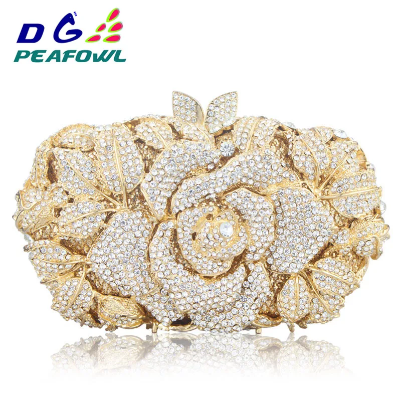 Luxury Hollow Out Crystal Floral Diamond Evening Clutch Bag Champagne Evening Bag Party Wedding Purse Soiree Pochette Purse