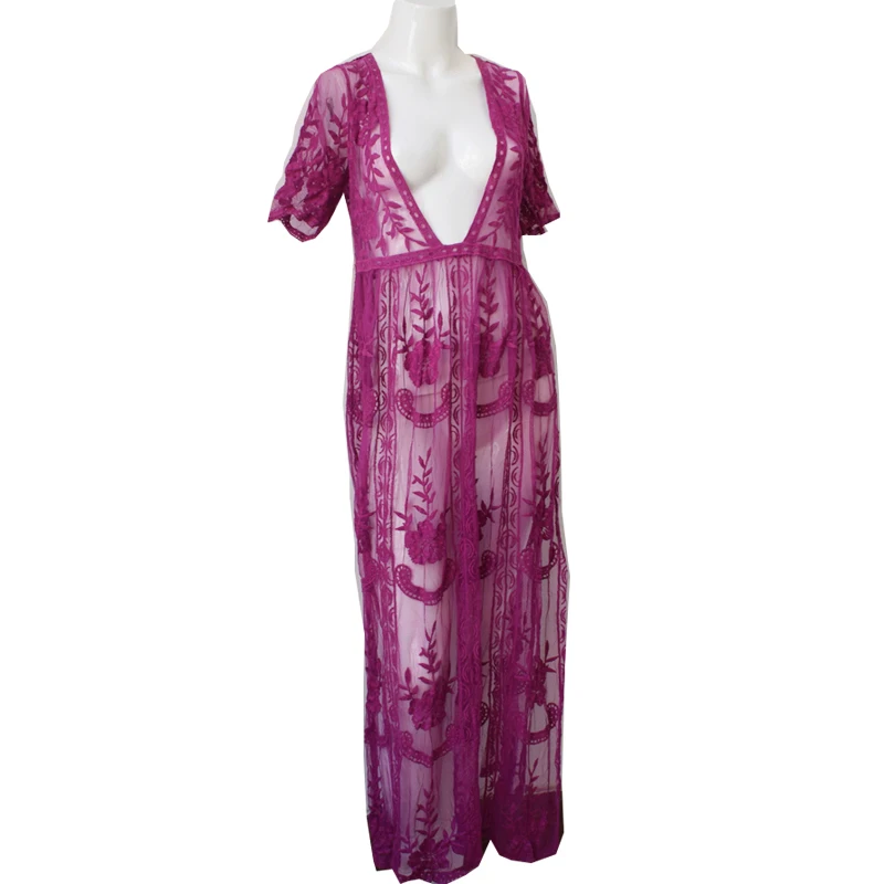 Women Long Maxi Dresses Bohemia V-neck short Sleeve Floral lace Summer Beach Female Split Stylish Style Dress | Женская одежда