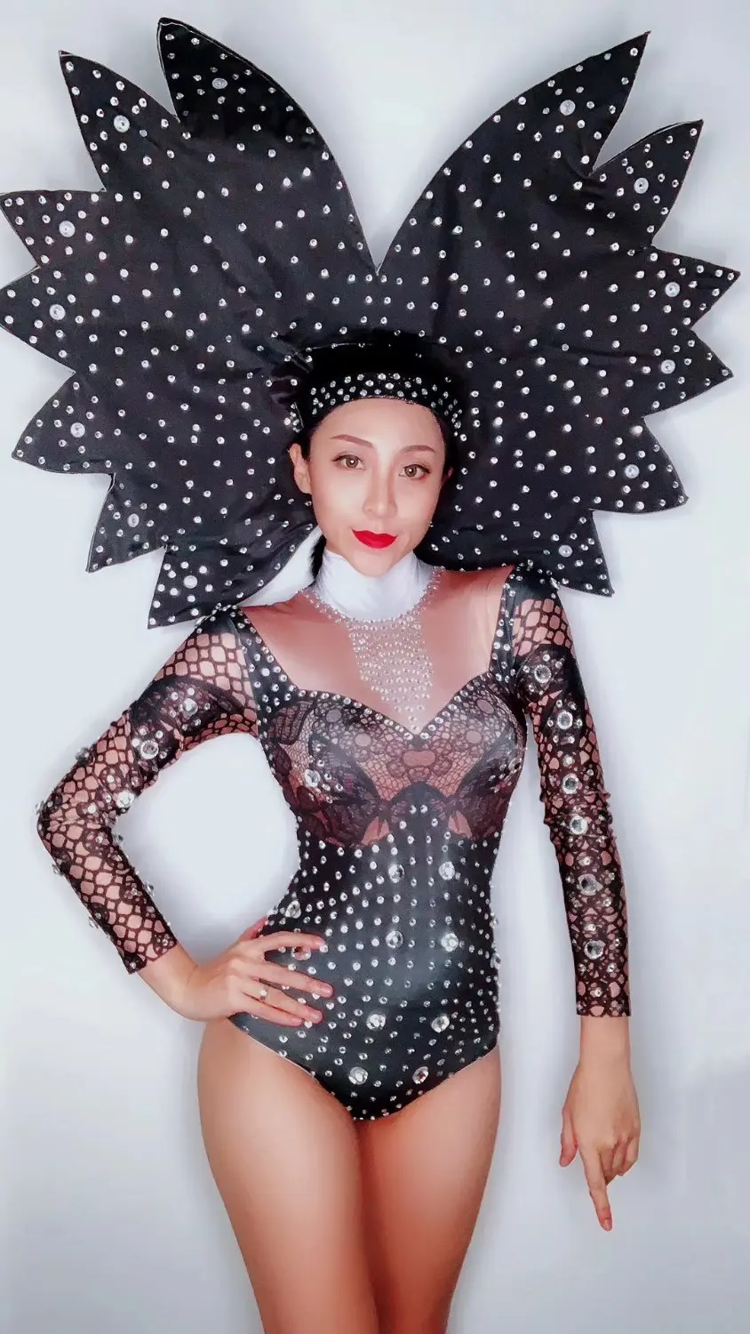 Black Rhinestones headwear Bodysuit Evening Party Women Singer Stage Costume Jumpsuits Crystals Birthday Celebration Costume
