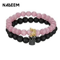 micro pave cz crown charm couple bracelets sets natural pink opal black matte stone beaded bracelet set valentines day gift