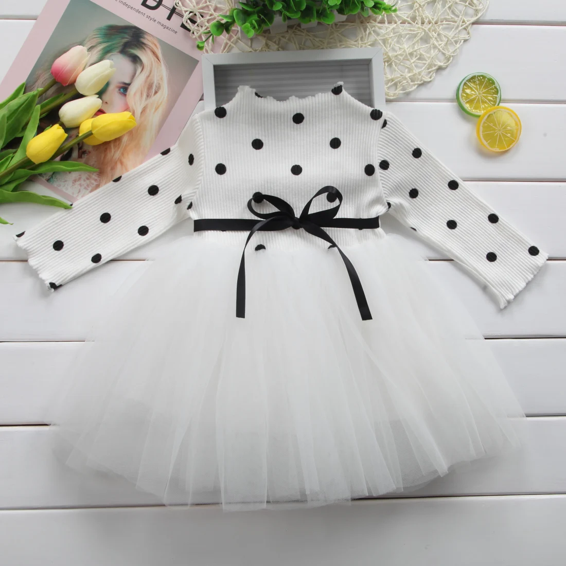 Kids Baby Girls Knitted Dresses White Black Pink Princess Long Sleeve Dot Lace Tutu Dress Ball Gown Clothes Autumn | Детская одежда и