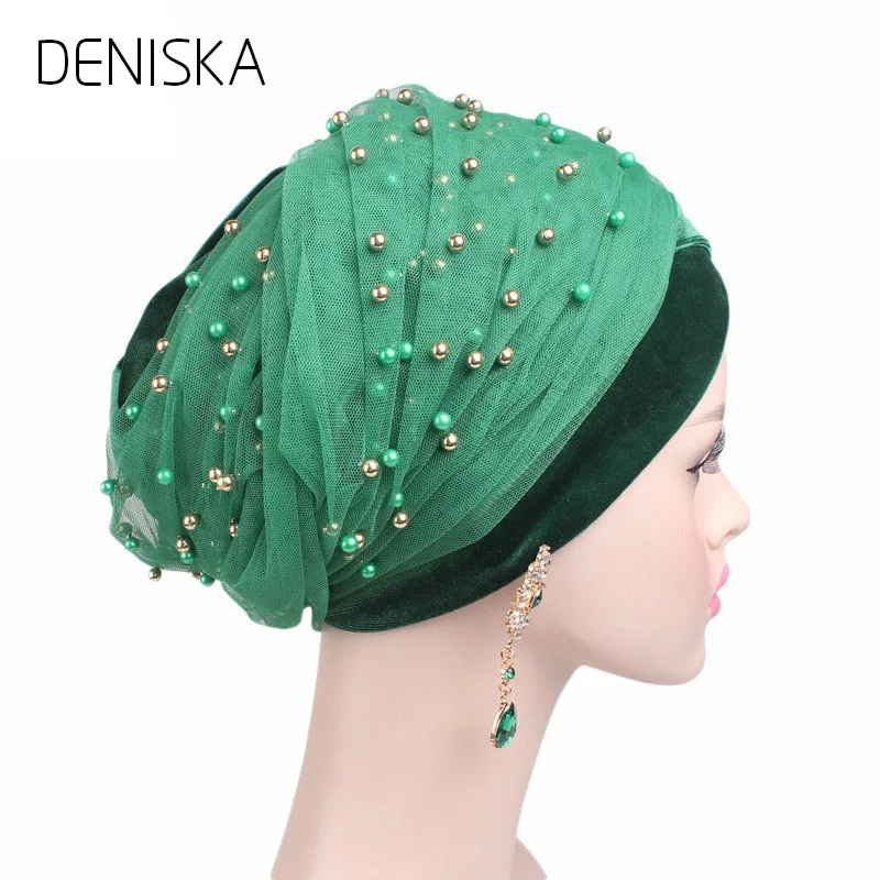 DENISKA 2018 Headscarf Turbante Luxury Mass Gold Beaded Mesh Head wrap Velvet Nigerian Turban Women Hijab Extra Long scarf | Аксессуары