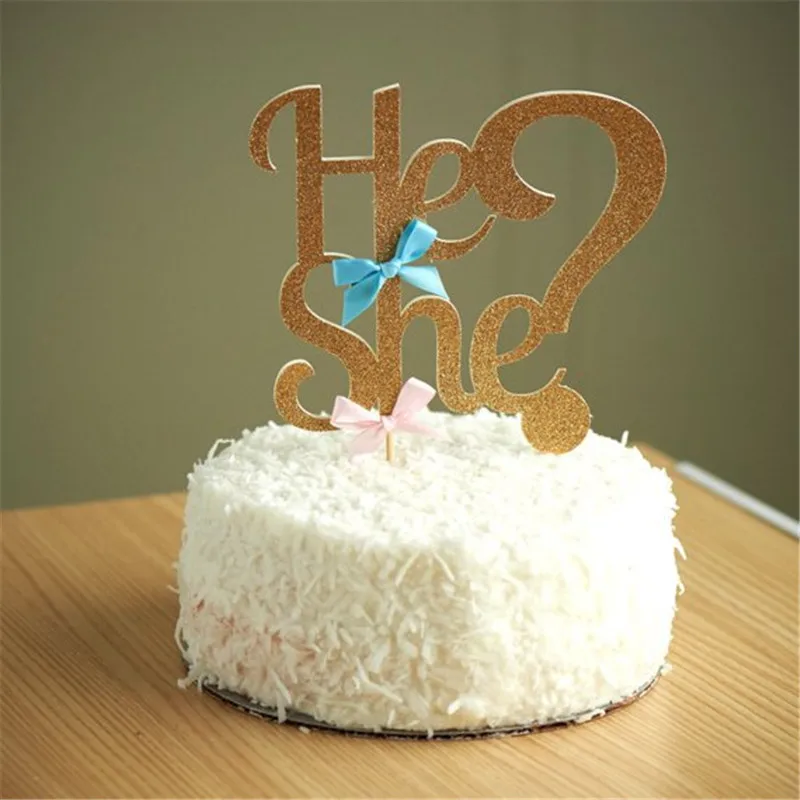 

Omilut Gender Reveal He Or She Cake Topper Gold Glitter Bow Cake Decoration Baby Shower Girl/Boy CakeDecor 14*15cm