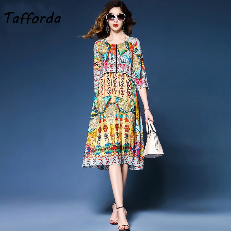 Tafforda 2018 Новые осенне летние принт Для Женщин Шелковое Платье Свободные модные