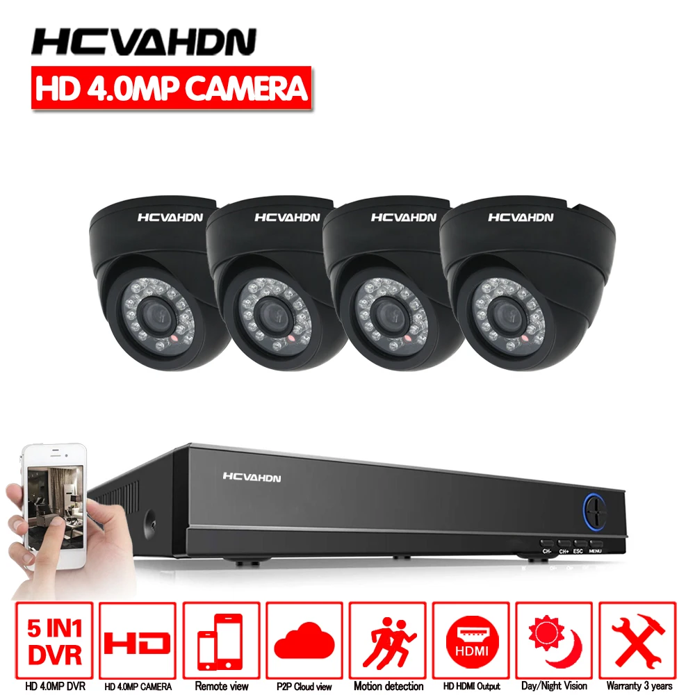 HCVAHDN CCTV Surveillance Kit Security Camera System 4ch 4.0MP AHD DVR NVR Black Dome indoor night vision camera P2P VIEW | Безопасность