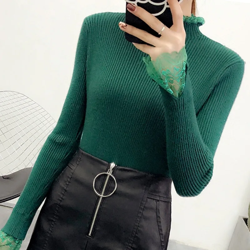 2018 autumn and winter new Korean version of the slim long-sleeved lotus leaf collar solid color lace bottoming sweater swe |