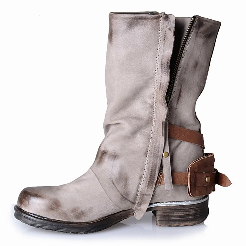 

Prova Perfetto Original Retro Style Real Leather Pleated Belt Buckle Mid-Calf Boot Comfort Neutral Large Size Women Knight Boots