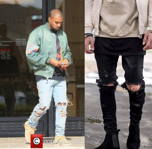 Мужские зауженные рваные джинсы Kanye West черные мотоциклетные камуфляжные модные