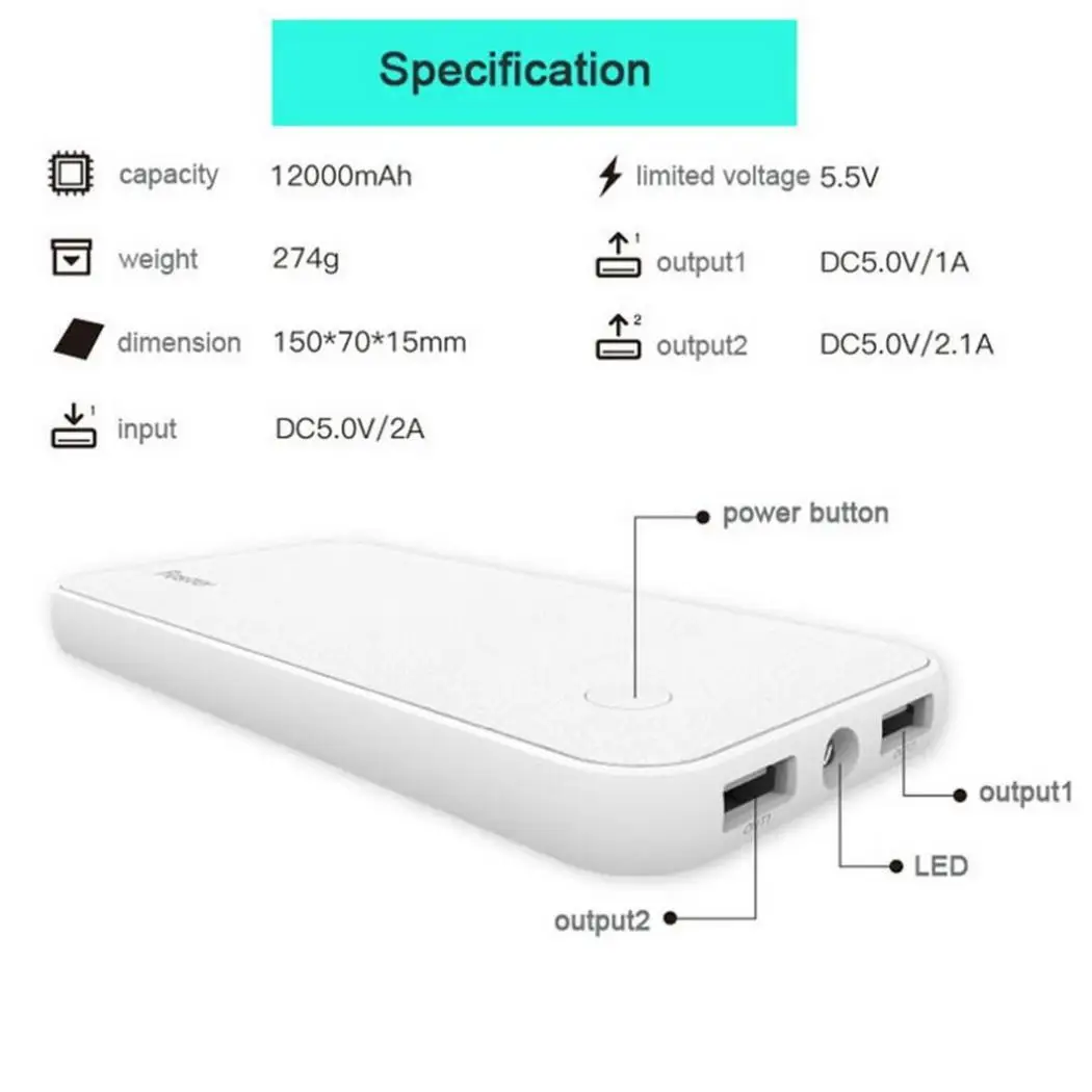 Мода портативный большой емкости двойной USB ручной выход мощность DC 5V 1A банк 70%