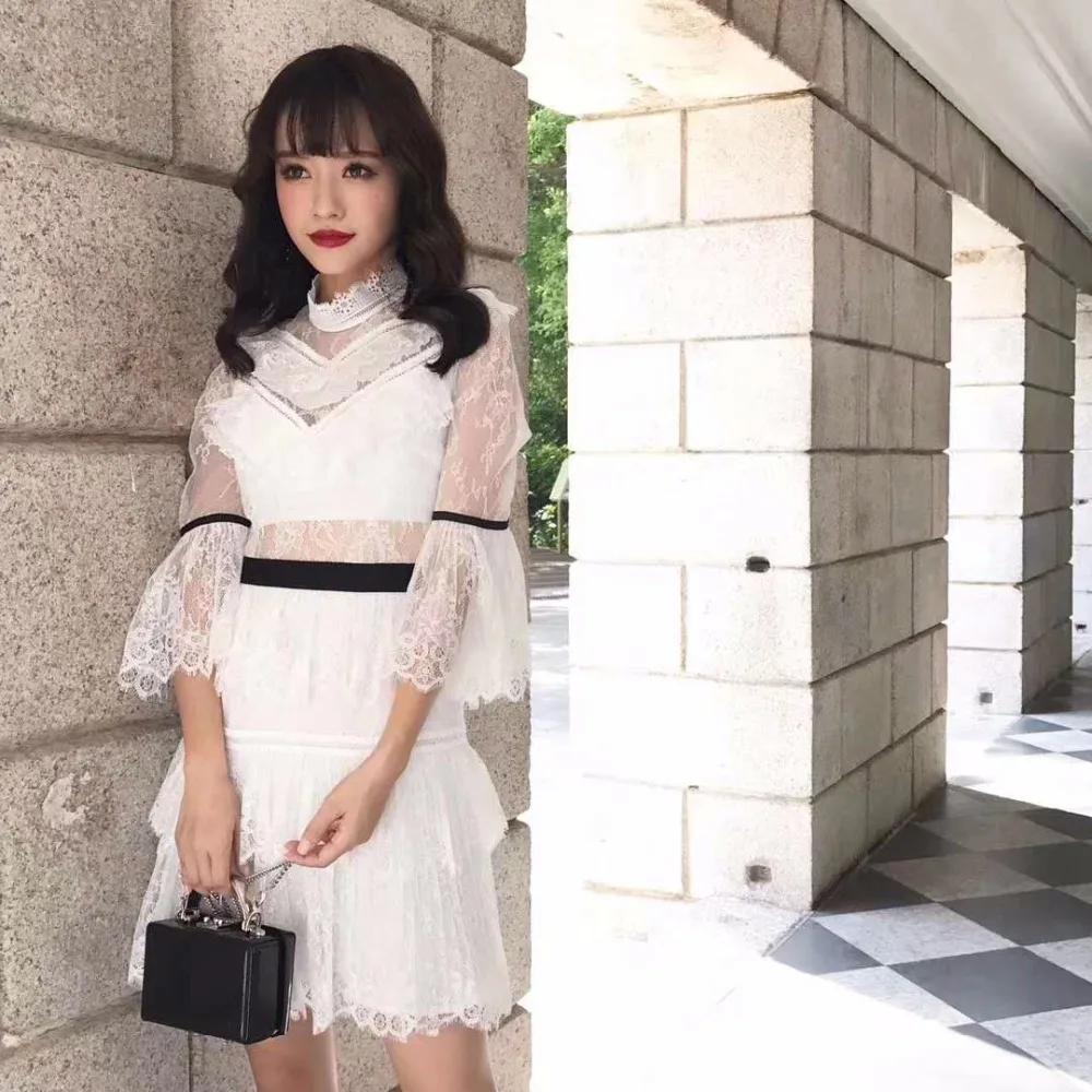 Runway Self Portrait White Lace Women Party Dress 2018 Autumn Patchwork Hollow Out Flare Sleeve Ruffles Slim Holiday | Женская одежда