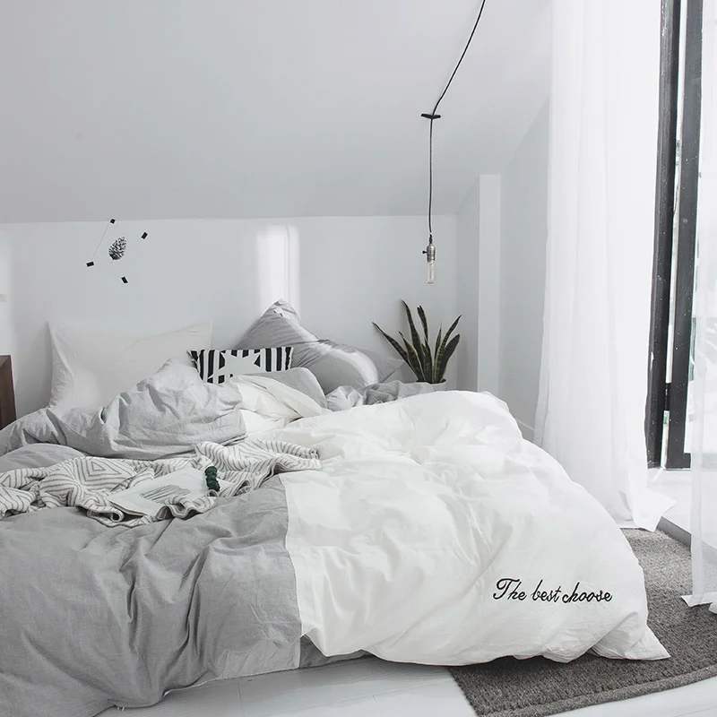 Серо-белая однотонная с приметанными оборками пододеяльник из 100% хлопка