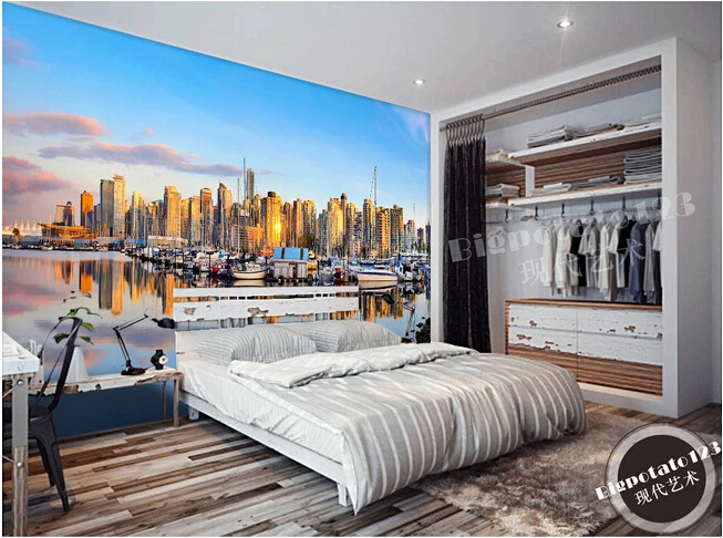 Последние 3D фрески красивые голубое небо горизонт здание корабль озеро гостиная