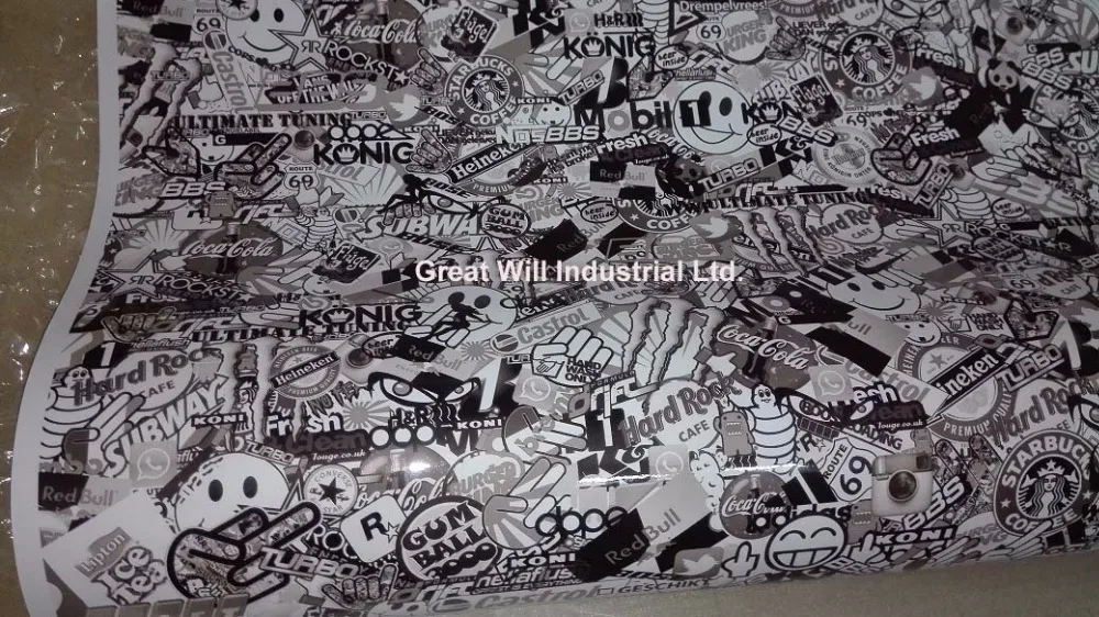 Черный и белый JDM Stickerbomb виниловая пленка фольга с пузырьками для автомобиля