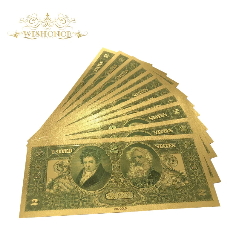 

10pcs/lot 1896 Year America Gold Banknotes USD 2 Dollar Banknotes in 24k Gold Bill Fake Paper Money For Collection