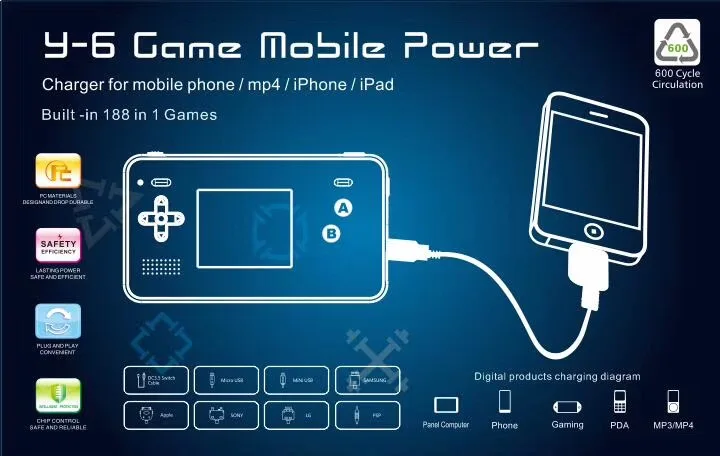 Бесплатная доставка Y 6 Y6 Ретро игра 188 классические игры мобильный 5000mAh