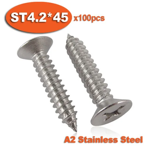 

100pcs DIN7982 ST4.2 x 45 A2 Stainless Steel Self Tapping Screw Cross Recessed Countersunk Head Self-tapping Screws