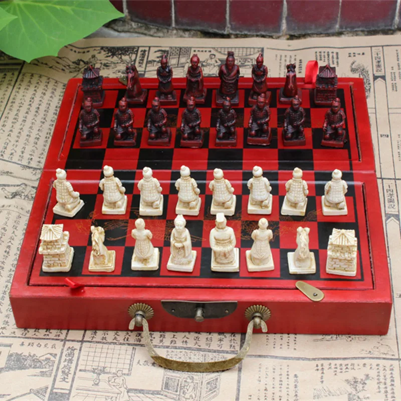 Складной Vintage китайских терракотовых воинов Стиль 32 шахматы и кожа деревянный