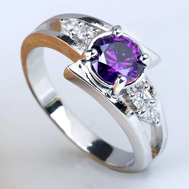 Purple Amethyst 6 мм круглое кольцо с камнем подлинный. 925 серебрянная плоское кольцо ювелирные изделия кубический цирконий Кристалл R016 Размер 6 7 8 9 подарок на фестиваль - Цвет основного камня: Purple Amethyst