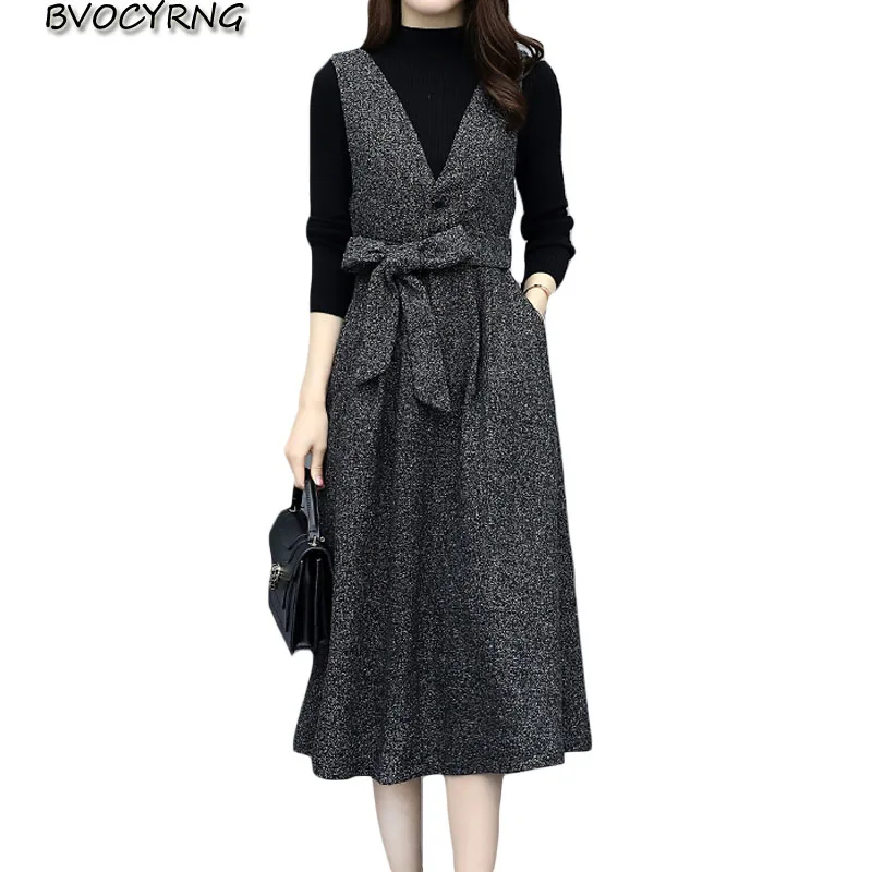 Female plus size suit 2019 spring autumn new retro strap dress + Knitted tops 2-piece fashion casual women clothing with belt |