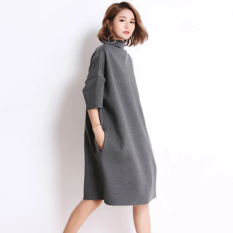 Женское платье с воротником под горло однотонное платье-футболка коротким