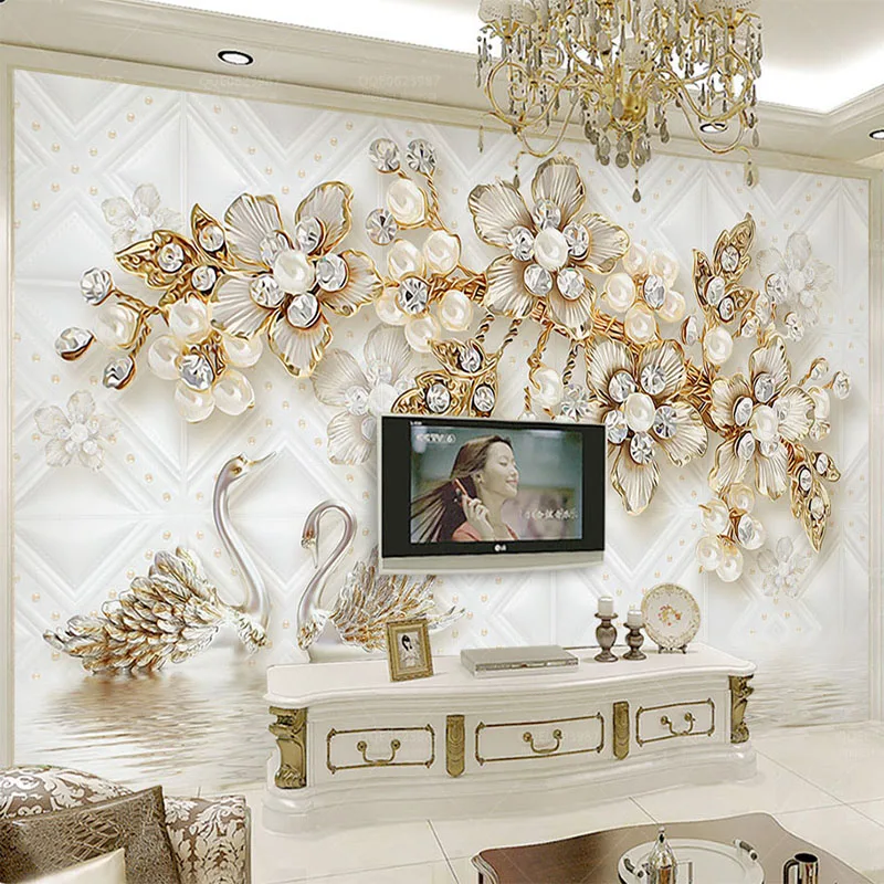 Настенные 3d обои в европейском стиле с изображением лебедя и цветов|fresco style|mural