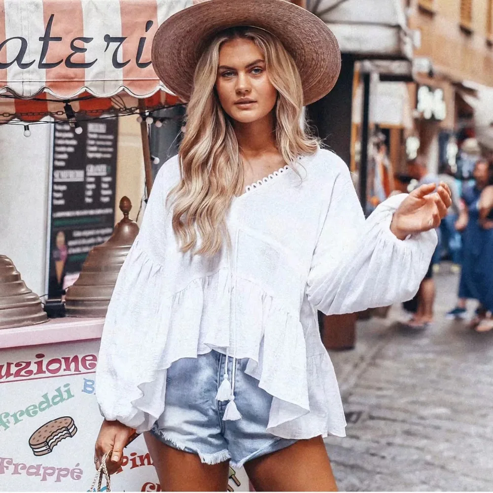 

New Spring Summer Blouse Shirt Fashion Leisure Long Sleeve Chiffon Shirt Lantern Sleeve V Neck Blouse Vintage Elegant Blouses