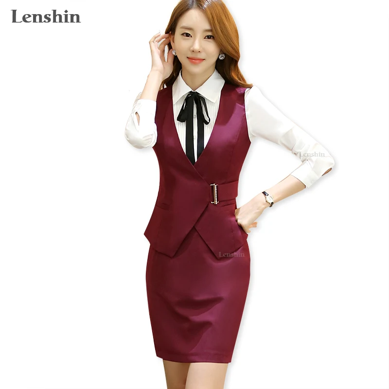 Женский костюм двойка Lenshin красное короткое пальто в формальном стиле с