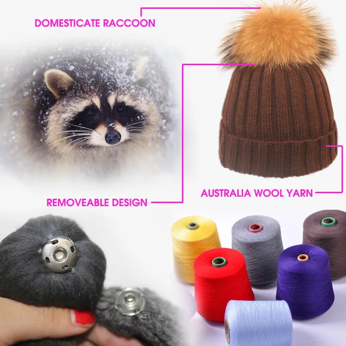 прикольные шапки Вяза вязаные Мягкая Марино шерсти шляпы с реальными мех енота