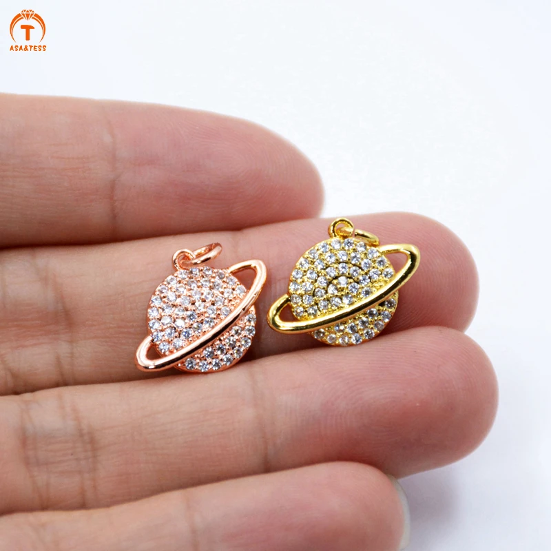 

Polish CZ Brass Saturn Planet Pendant Space Satellite Moon Star Earth Charm DIY Link Finding Making jewelry micro CZ paved