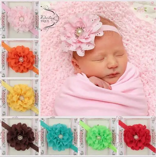 

children kids Baby girls pearl diamond chiffon flower Headband Headwear Hair Band Head Piece Accessories YH479