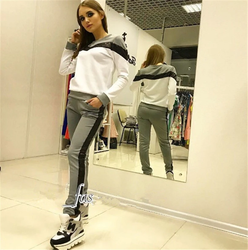 Женский хлопковый спортивный костюм повседневный двойка с круглым вырезом и