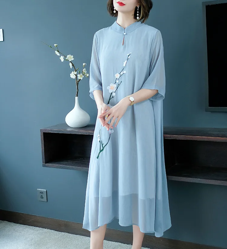 

Women Dress Chinese Retro Style Plum Blossom Embroidery Summer Large Size Chiffon Dress Half Sleeve Knee-Length Collar Dresses