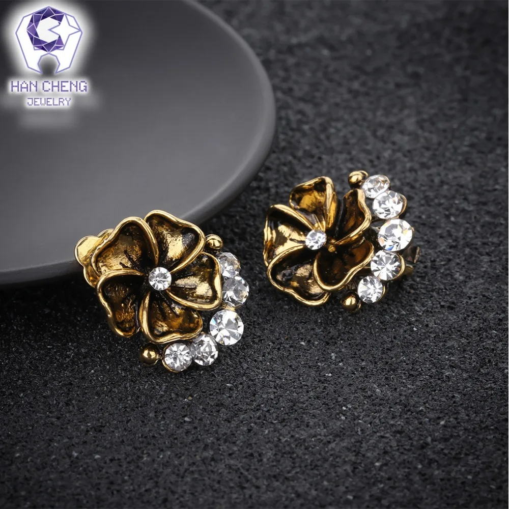 HanCheng новые винтажные серьги-клипсы с драгоценным камнем и цветком из горного
