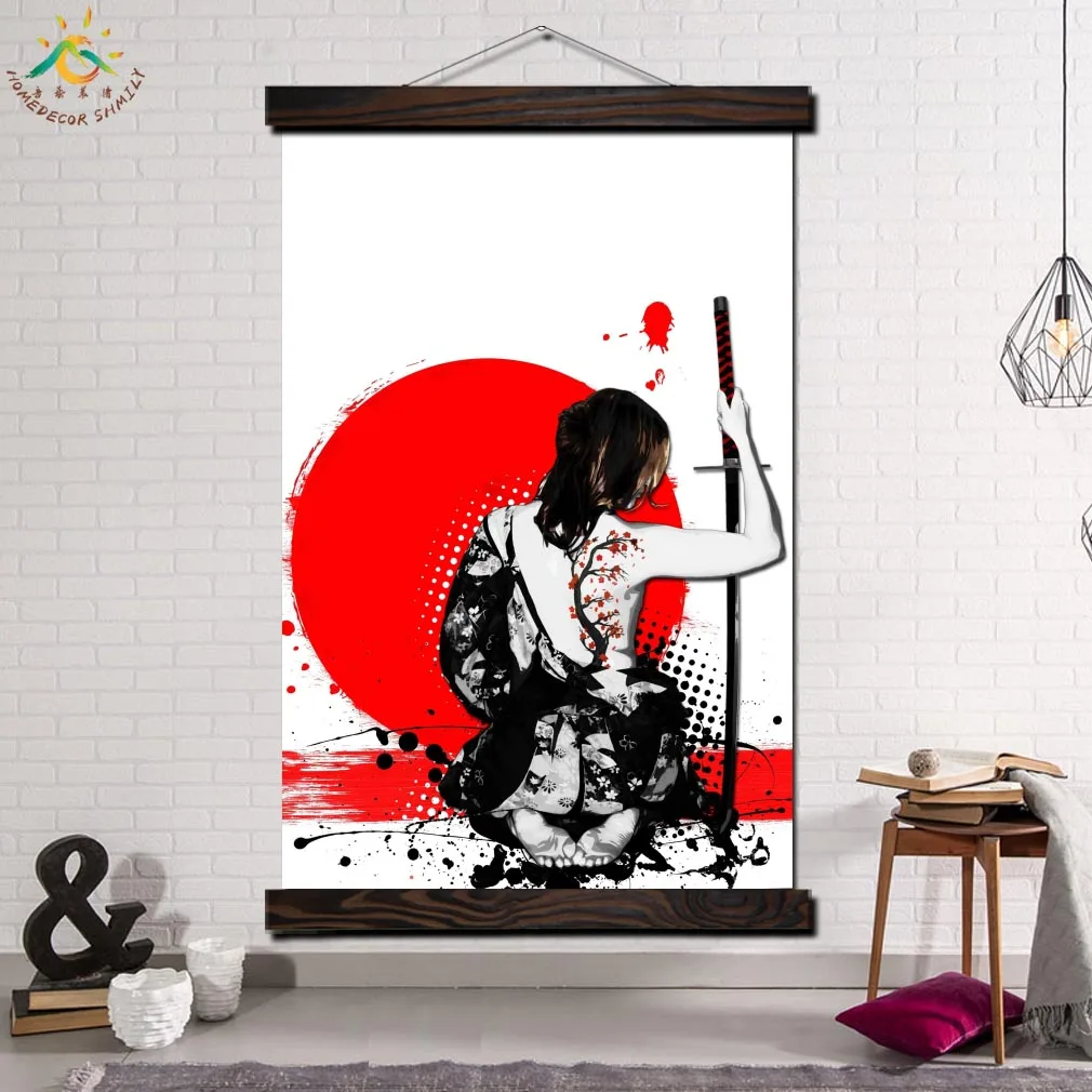Janpan Art Woman Warrior Back Framed Scroll Painting Современный арт принт на холсте плакат настенная