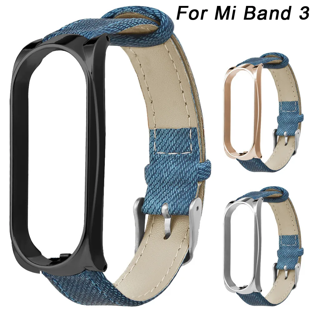Синий джинсовый браслет ремешок + металлический чехол для Xiaomi Mi Band 3 модные часы