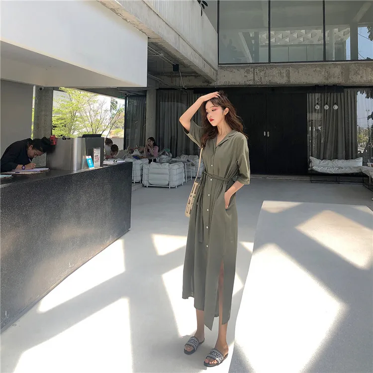 Корейское летнее платье, женская одежда, свободный костюм, воротник с Боковым Разрезом, половина рукава, повседневные пляжные платья, пояс на талии, миди платье для женщин