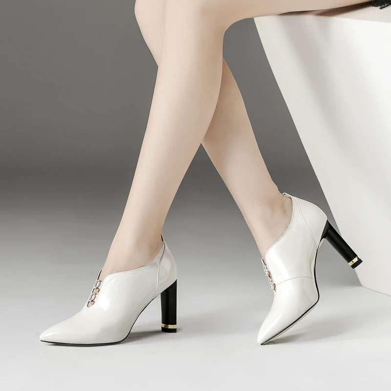 

ISNOM Crystal Patent Leather Women Pumps Pointed Toe Footwear High Heels Lady Shoes Fashion Office Shoes Woman New Spring 2019