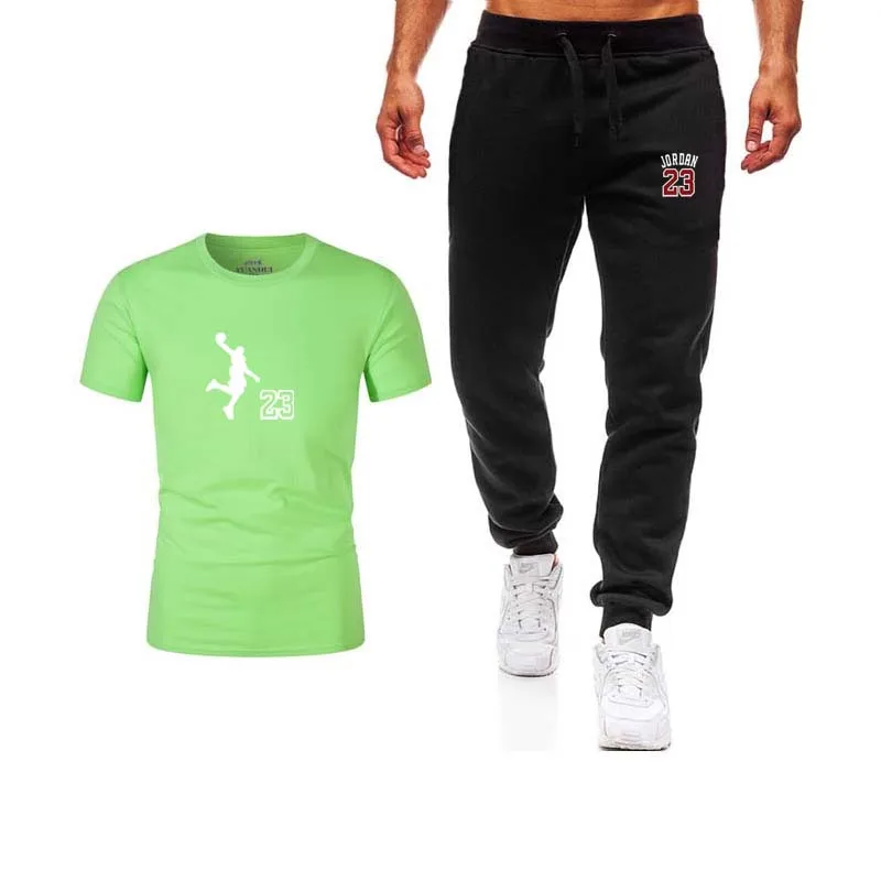 Новый 2019 классический горячий фитнес мужской костюм футболка + брюки из двух