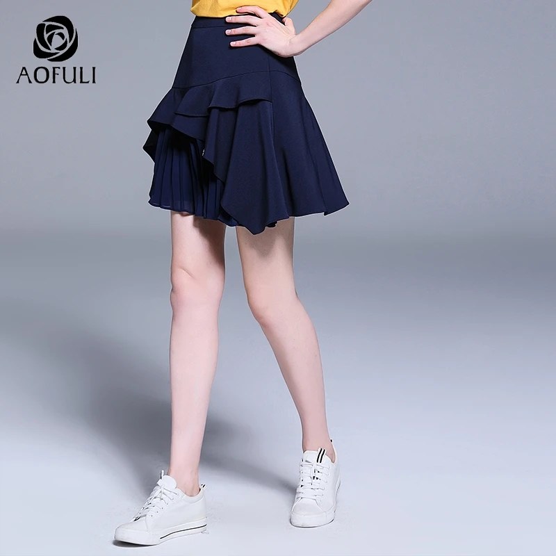 AOFULI L ~ 4XL 5XL синяя каскадная гофрированная юбка летняя однотонная Асимметричная
