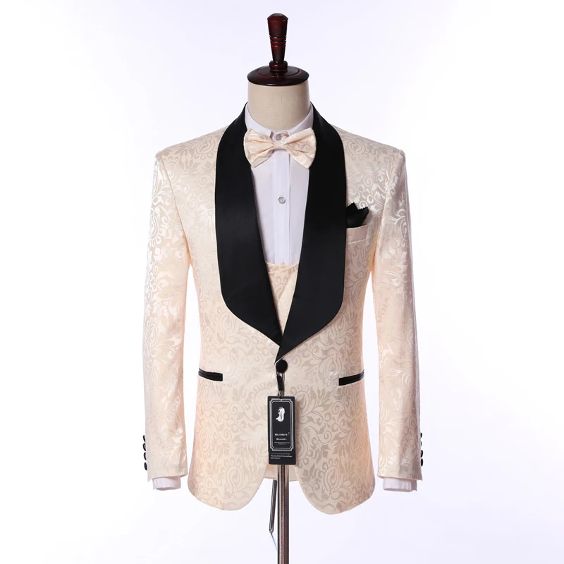 2019 Latest Designs Black Shawl Lapel Groom Tuxedos Jacquard Men Suits Wedding Suit With Pant (Jacket+Pants+Vest+Bow tie) | Мужская
