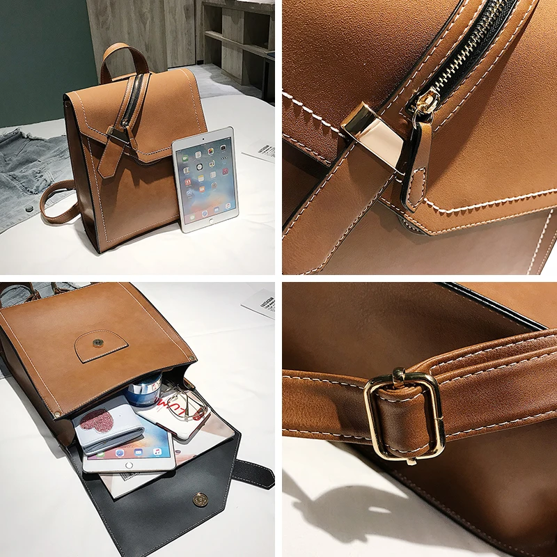 SWEET SNOW New Soft Leather Woman's Backpack Stylish Retro Covered Square Sewing Line Backpacks Solid Color Pop Bag | Багаж и сумки