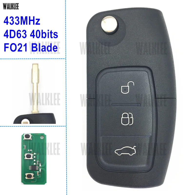 WALKLEE Автомобильный Дистанционный ключ для Ford Fiesta Fusion Focus Mondeo Galaxy FO21 Blade 433 МГц 4D63 40